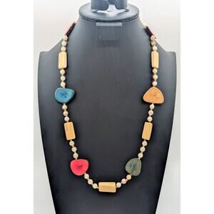 Vintage Multi-Color Dyed Tagua Nut Agate & Bone Beaded 26" Necklace